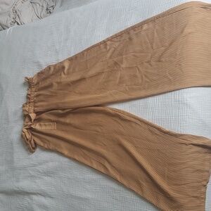 High Waisted Mustard Yellow Vertical Striped Trousers with Pockets M